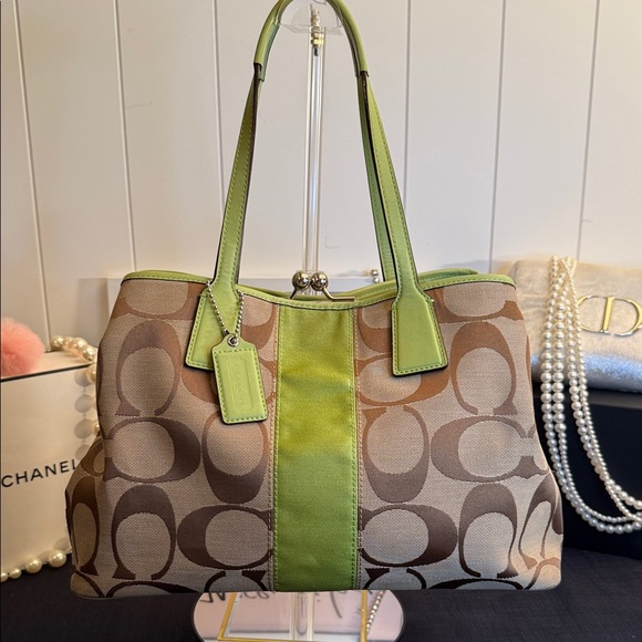 Coach Handbags - EUC Coach Signature Stripe Kisslock Tote Beige/Lime Green J0969-F13533